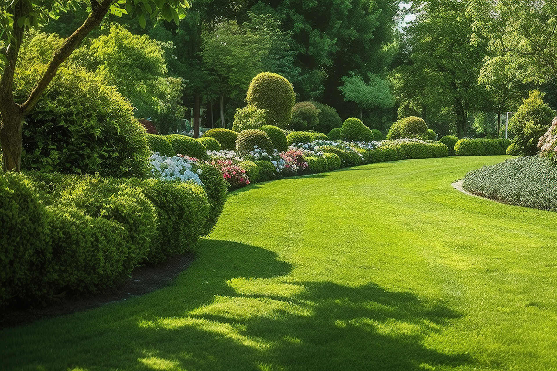 Ein gepflegter Garten mit sattem, grünem Rasen, dicht geschnittenen Büschen, Blumenbeeten und verschiedenen Ziersträuchern. Die Sonne scheint auf die gepflegte Gartenlandschaft.