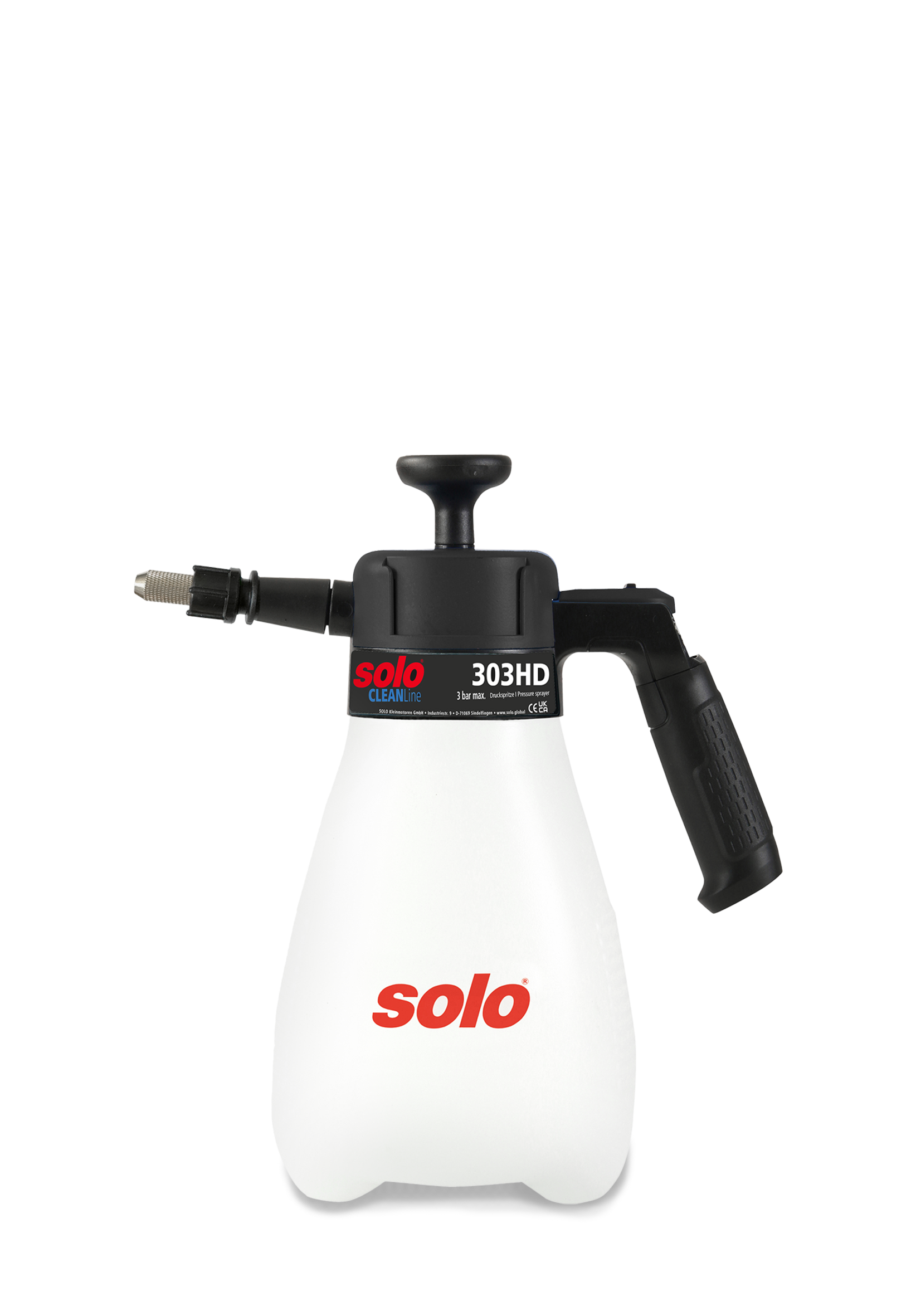 SOLO 303 HD Handdruckspritze für aggressive Chemikalien und Reinigungsmittel SOLO 303 HD Handdruckspritze mit schwarzem Deckel, ergonomischem Griff und stabiler Metalldüse für den professionellen Einsatz.