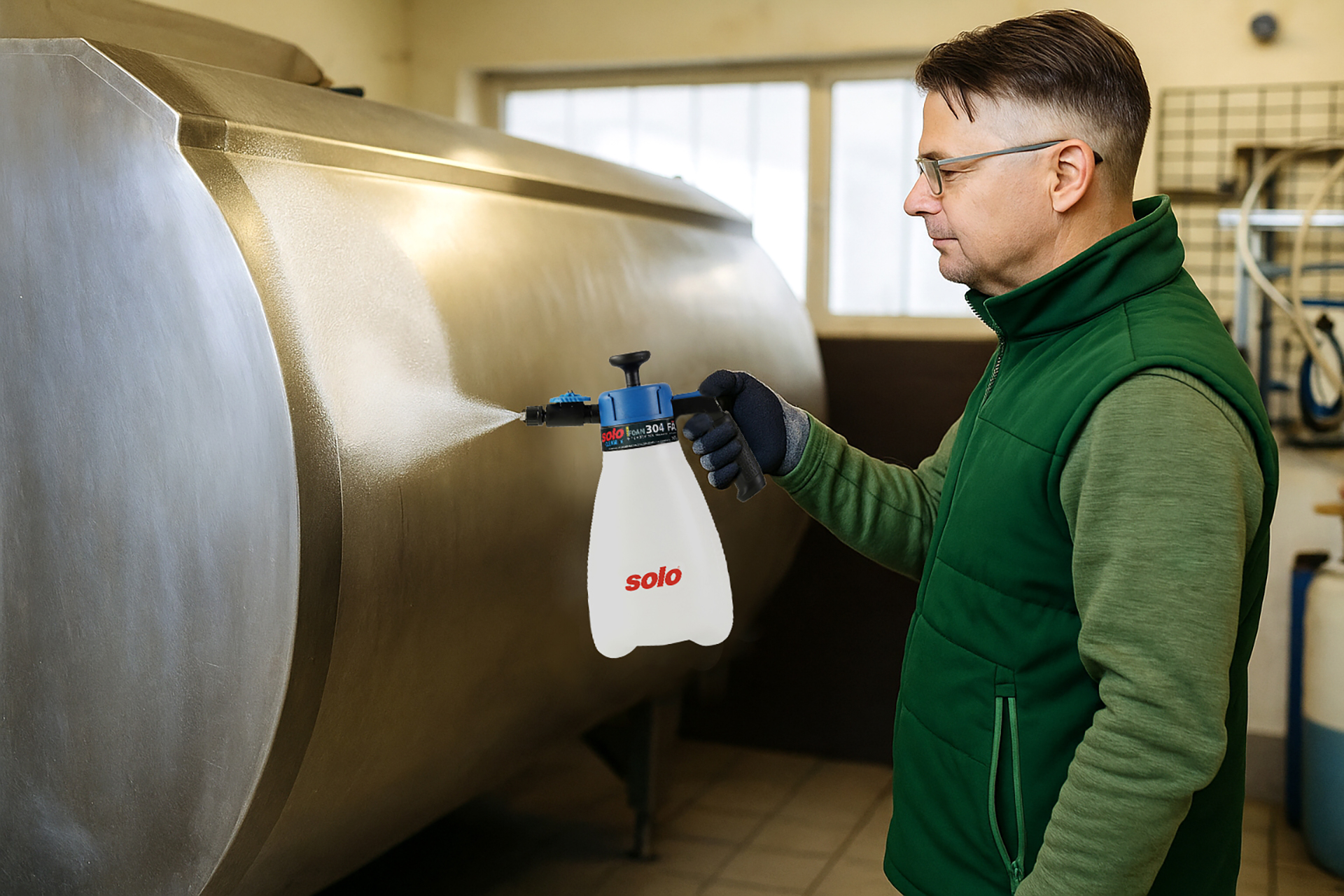 Ein Mann sprüht mit einem SOLO-Drucksprüher ein großes Edelstahltank ab. Die Szene spielt in einer hellen Werkstatt oder einem Betrieb, der Sprüher erzeugt einen feinen Sprühnebel auf der Oberfläche.