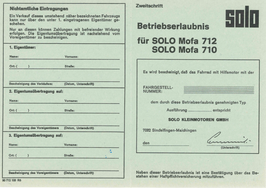 ABE Zweitschrift für SOLO Mofas