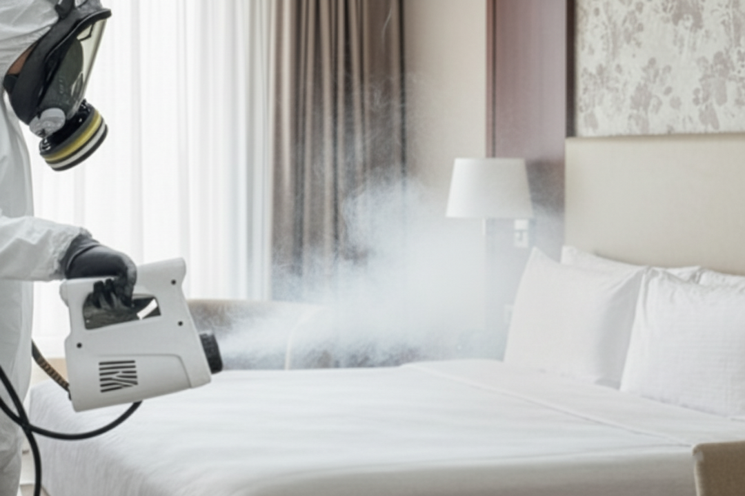 Handstück des eFog 480 beim Vernebeln im Hotelzimmer