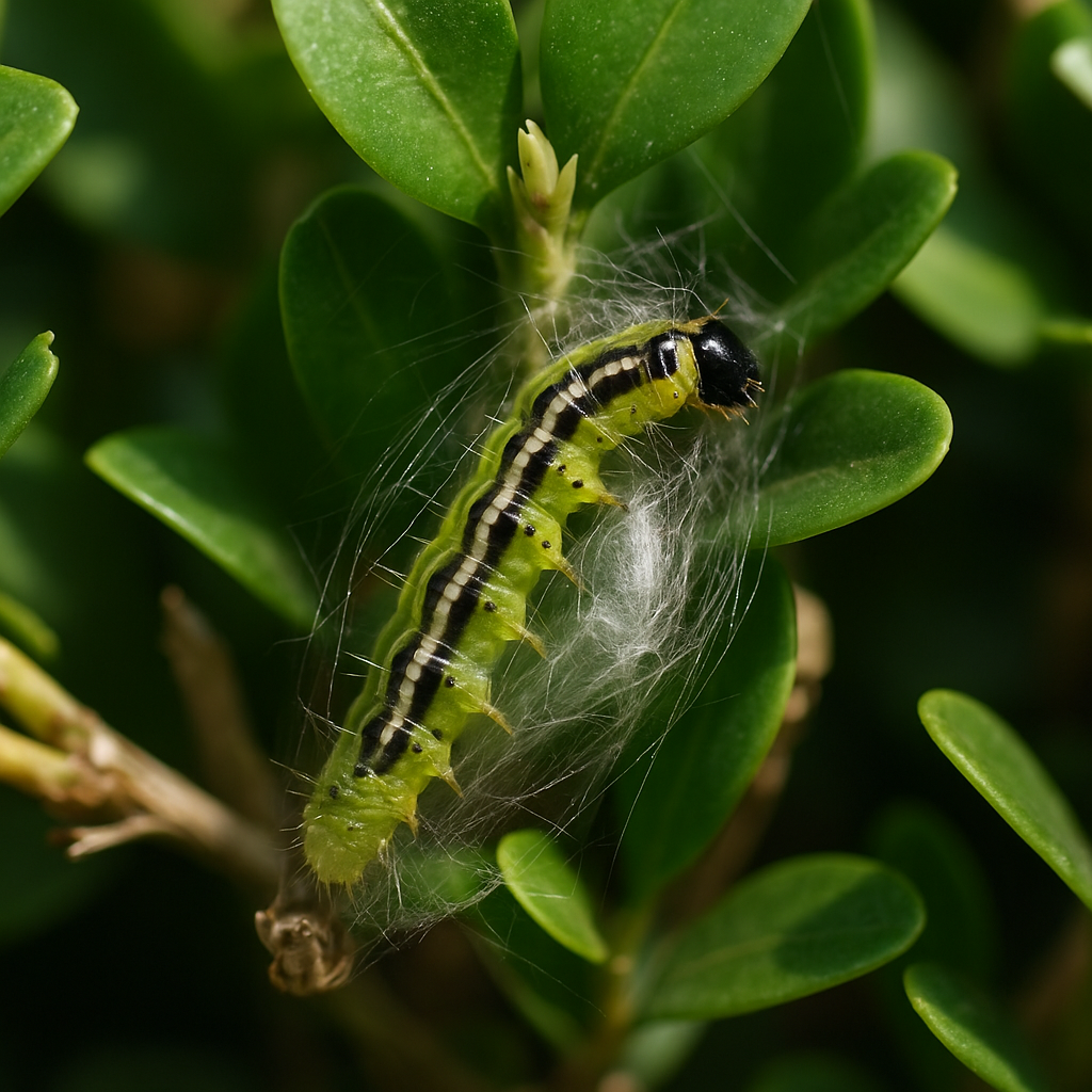 Raupe des Buchsbaumzünslers beim Verpuppen im dichten Buchsbaumlaub Buchsbaumzünsler-Raupe bei der Verpuppung mit Gespinstfäden zwischen Buchsbaumblättern