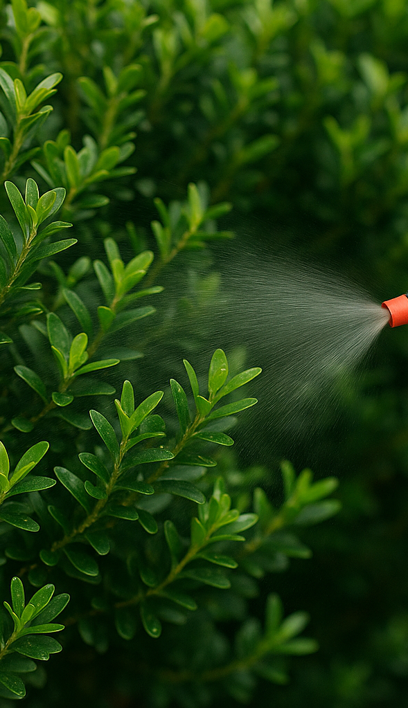 SOLO Handsprüher mit Gelenkarm im gezielten Einsatz am Buchsbaum SOLO Handsprüher mit Gelenkdüse sprüht feinen Sprühnebel auf einen Buchsbaum zur Schädlingsbekämpfung