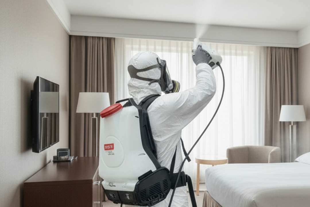 Anwender mit eFog 480 bei der Vernebelung im Hotelzimmer